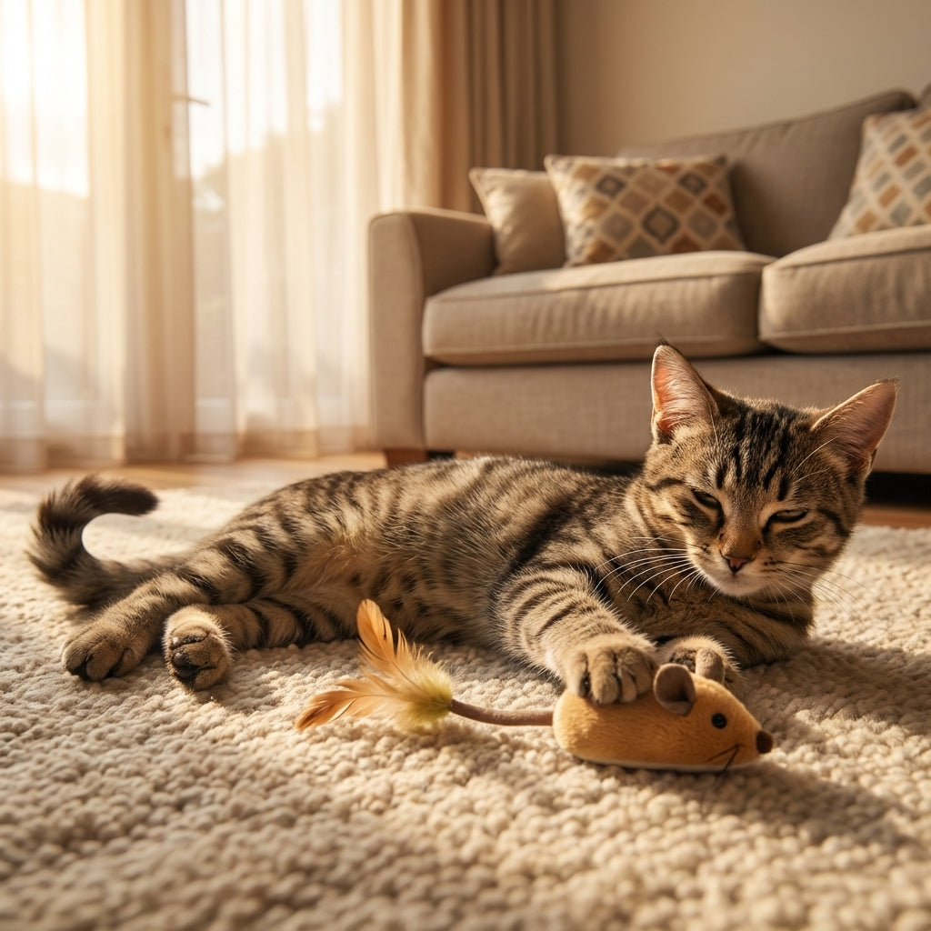 Plush Mouse Cat Toy with Feather Tail | Battery-Operated | Grey / Orange