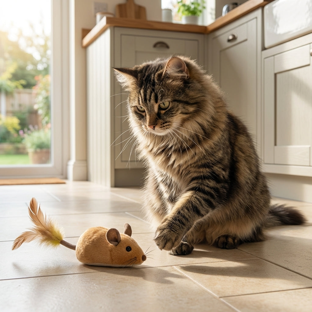 Plush Mouse Cat Toy with Feather Tail | Battery-Operated | Grey / Orange