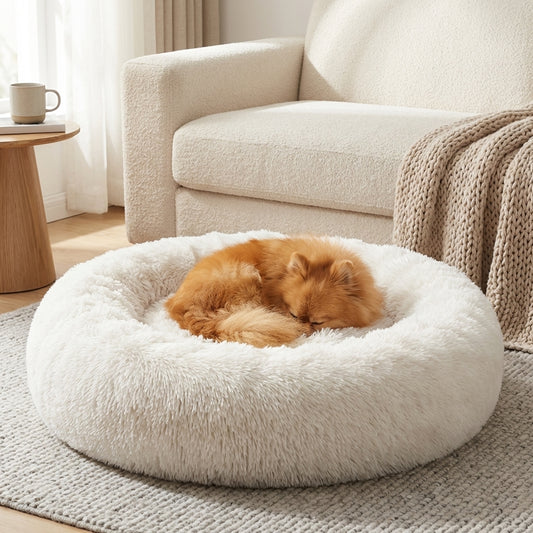 Round Faux Fur Dog Bed with Raised Edges | Removable Cover | XS–4XL