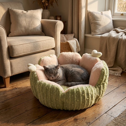 Round Fluffy Cat Bed | Bubble Velvet, 3-Layer Fill | Two-Tone Design