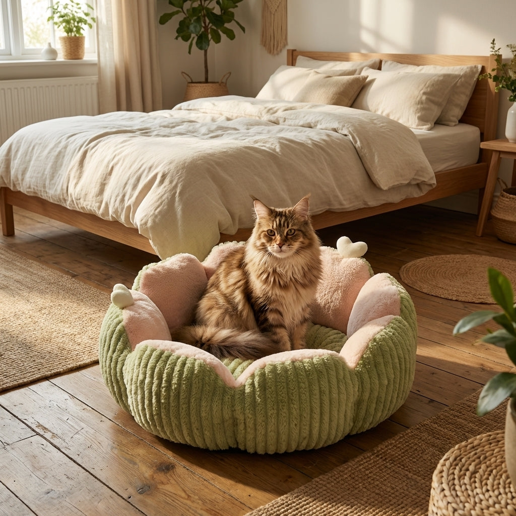 Round Fluffy Cat Bed | Bubble Velvet, 3-Layer Fill | Two-Tone Design