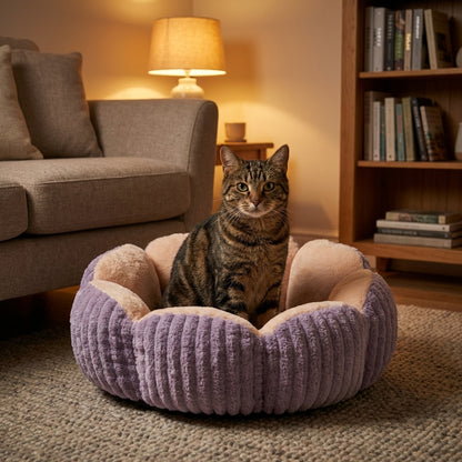 Round Fluffy Cat Bed | Bubble Velvet, 3-Layer Fill | Two-Tone Design