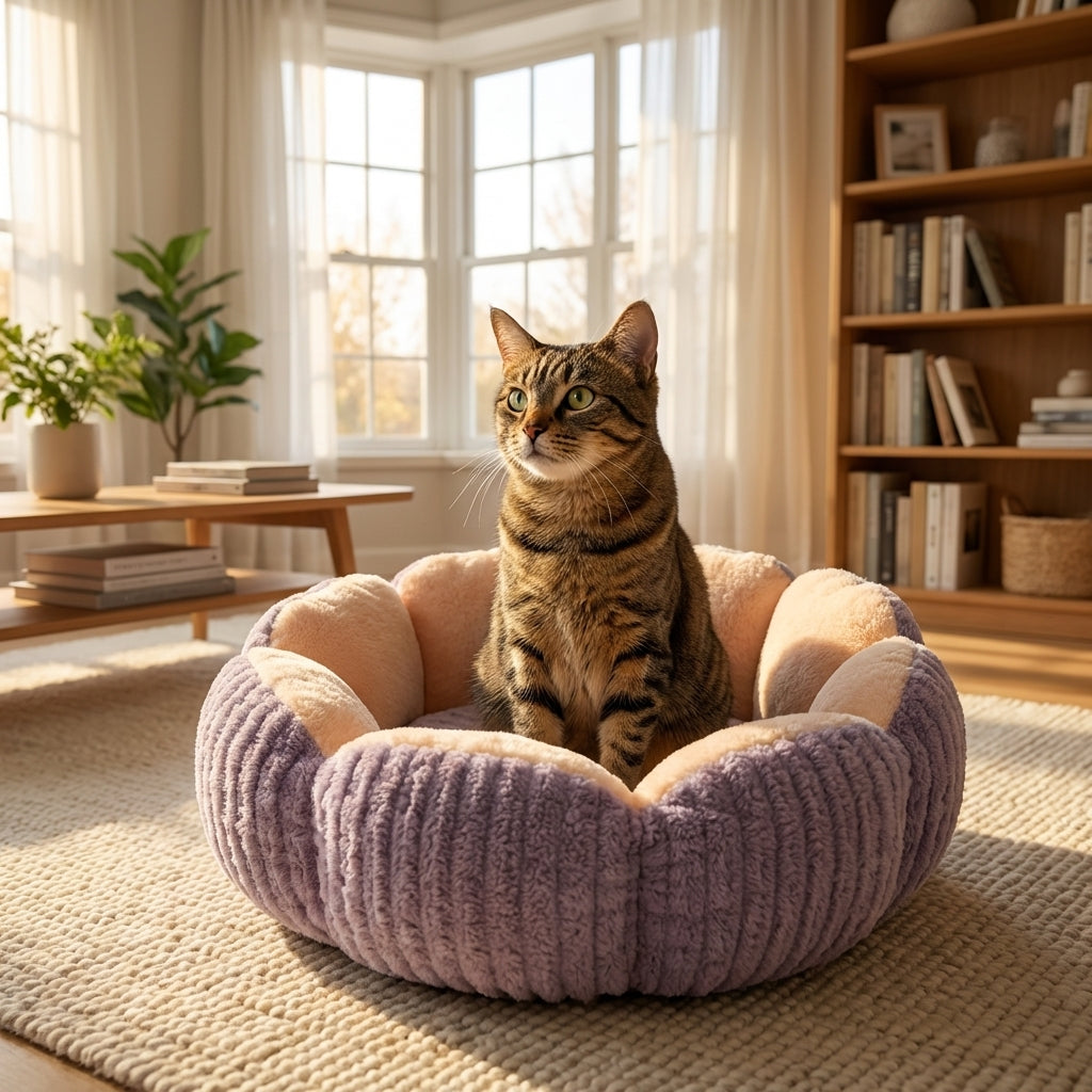 Round Fluffy Cat Bed | Bubble Velvet, 3-Layer Fill | Two-Tone Design