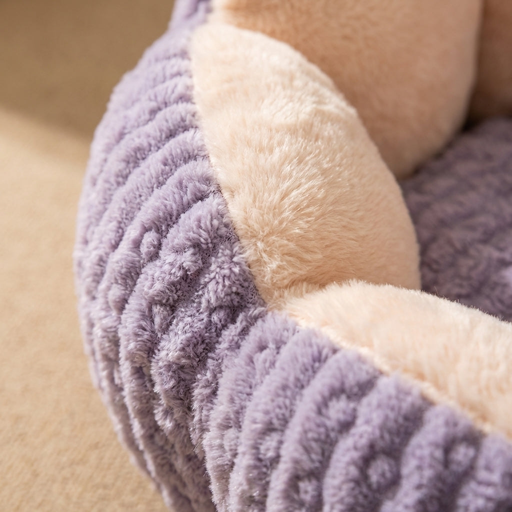 Round Fluffy Cat Bed | Bubble Velvet, 3-Layer Fill | Two-Tone Design
