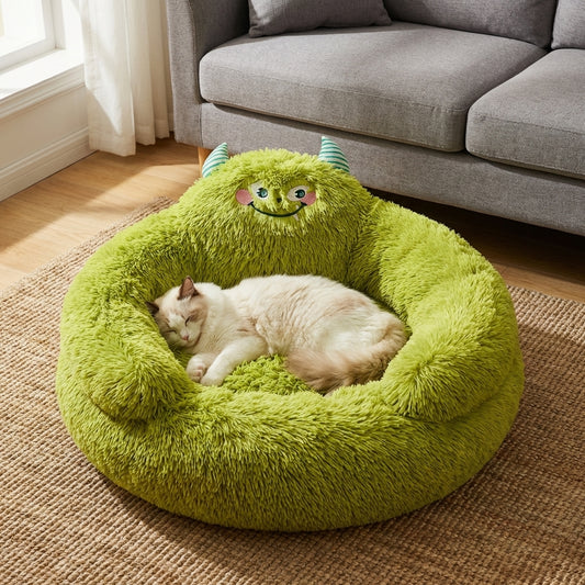 Round Plush Cat Bed with Novelty Character Design | Long Pile | M/L/XL