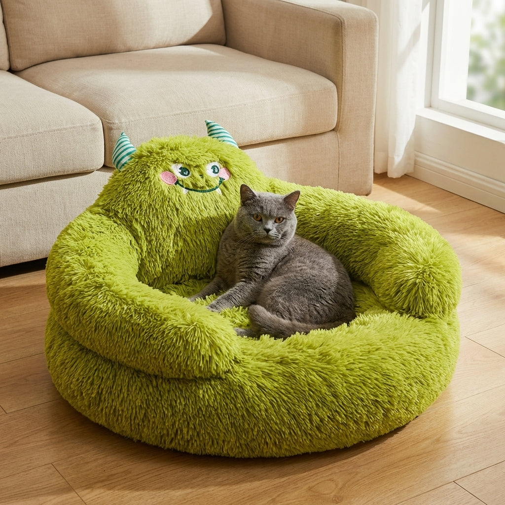 Round Plush Cat Bed with Novelty Character Design | Long Pile | M/L/XL