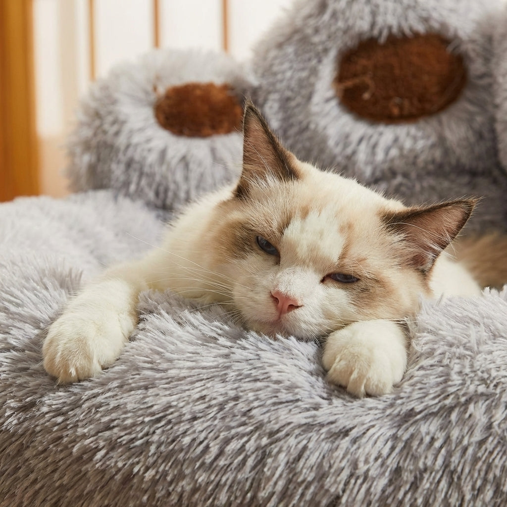 Round Plush Cat Bed with Novelty Character Design | Long Pile | M/L/XL