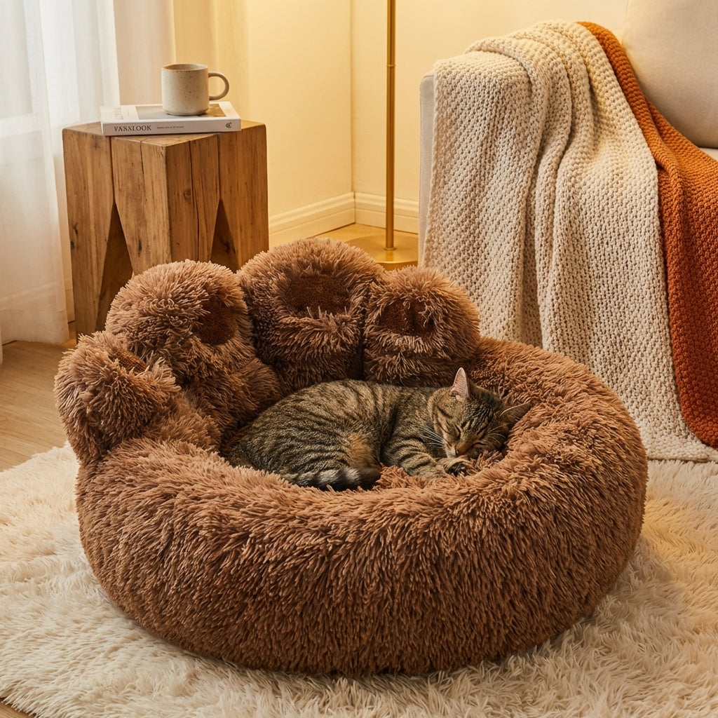 Round Plush Cat Bed with Novelty Character Design | Long Pile | M/L/XL