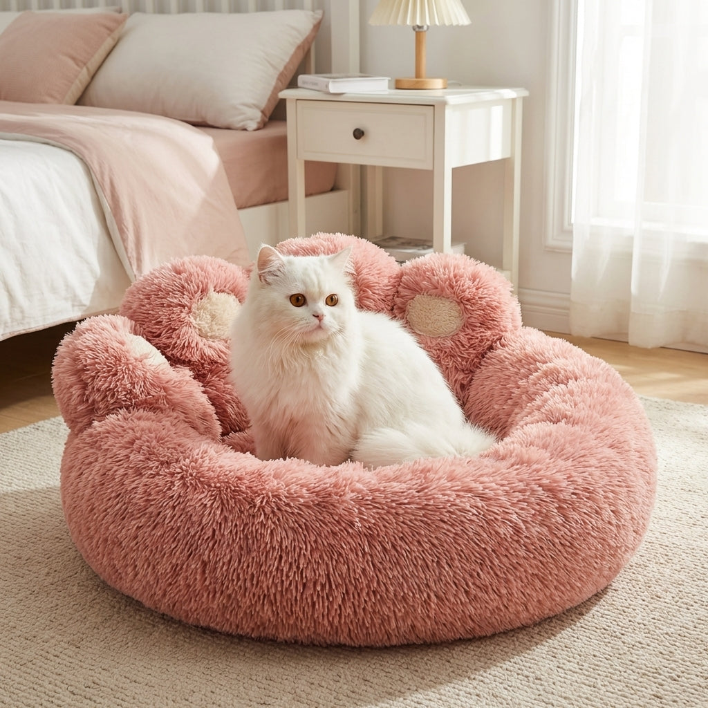Round Plush Cat Bed with Novelty Character Design | Long Pile | M/L/XL