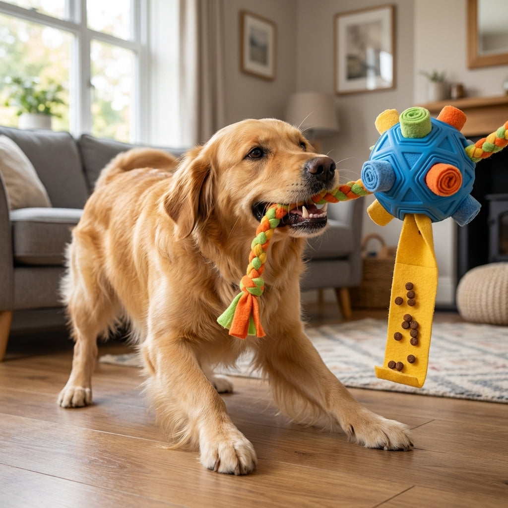 Rubber Snuffle Ball with Fleece Strips & Braided Rope | 2-in-1 Dog Toy