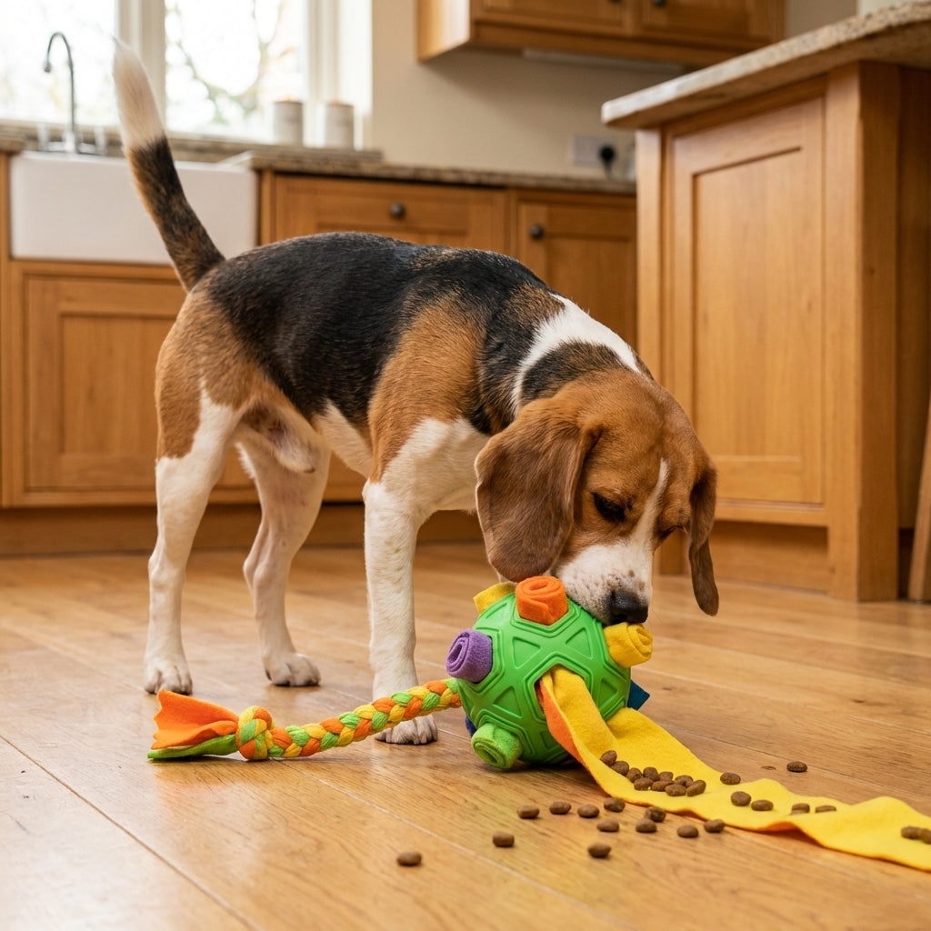 Rubber Snuffle Ball with Fleece Strips & Braided Rope | 2-in-1 Dog Toy