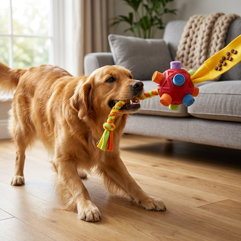 Rubber Snuffle Ball with Fleece Strips & Braided Rope | 2-in-1 Dog Toy