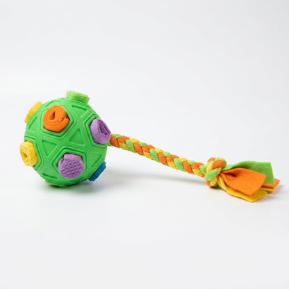 Rubber Snuffle Ball with Fleece Strips & Braided Rope | 2-in-1 Dog Toy