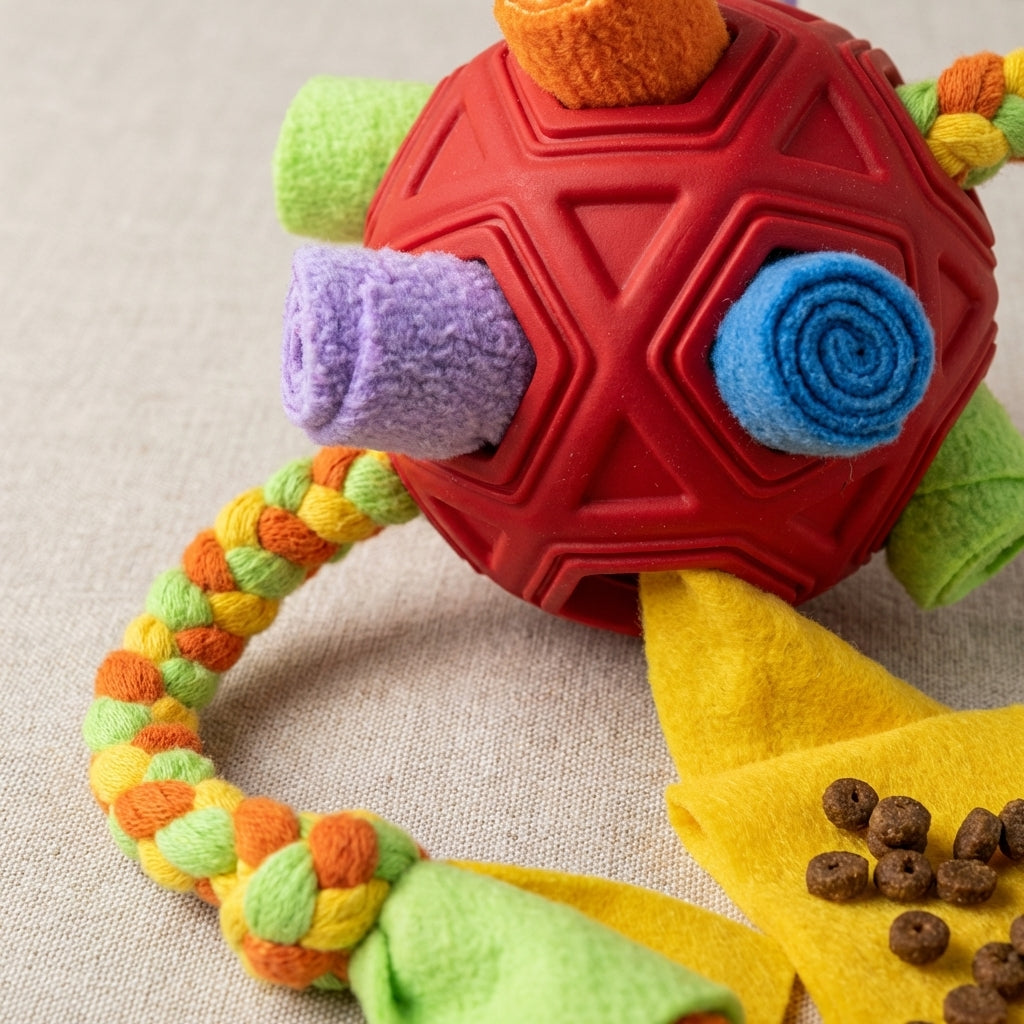 Rubber Snuffle Ball with Fleece Strips & Braided Rope | 2-in-1 Dog Toy