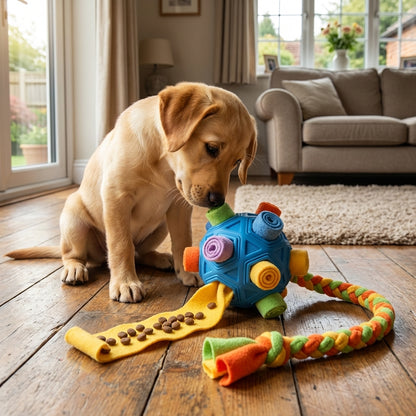Rubber Snuffle Ball with Fleece Strips & Braided Rope | 2-in-1 Dog Toy