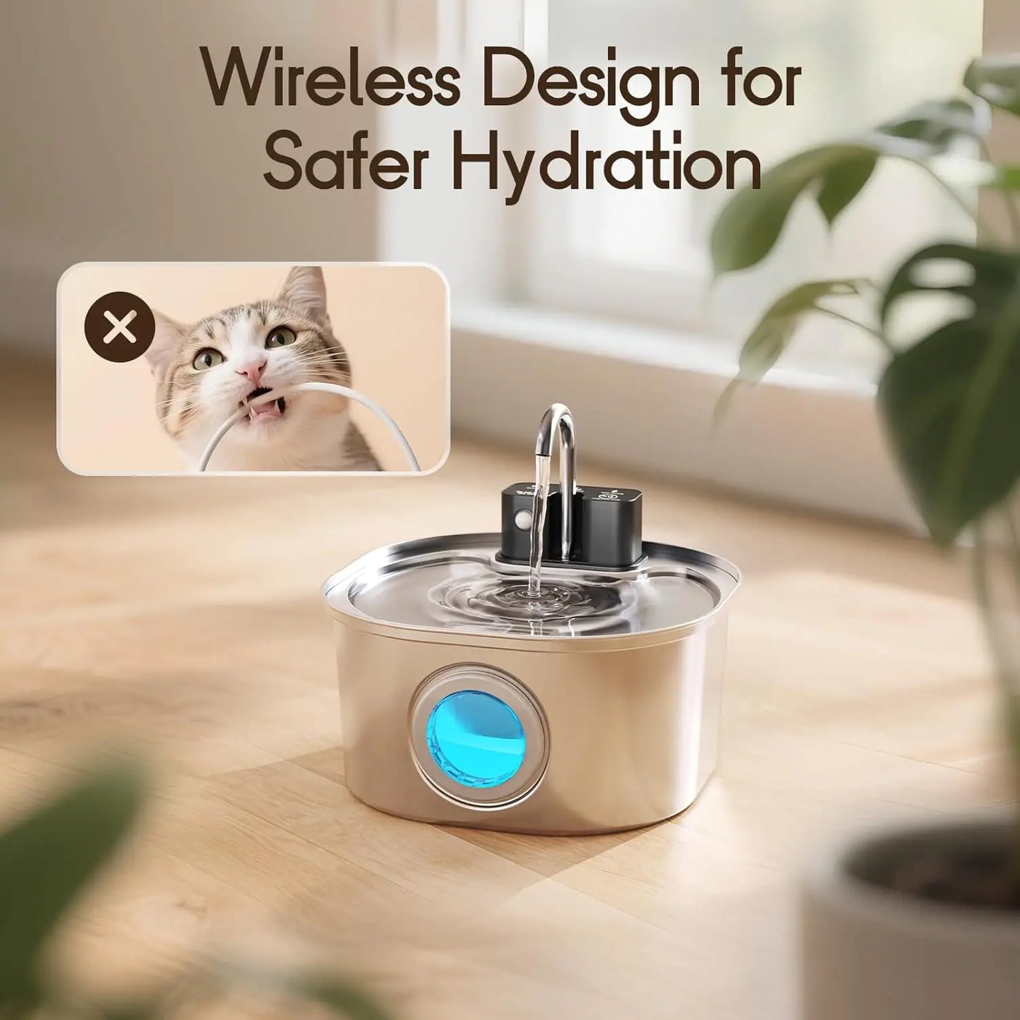 Wireless Cat Water Fountain, Stainless Steel 3.2L, Motion Sensor, Ultra Silent, 4200mAh Battery, Multi-Layer Filtration