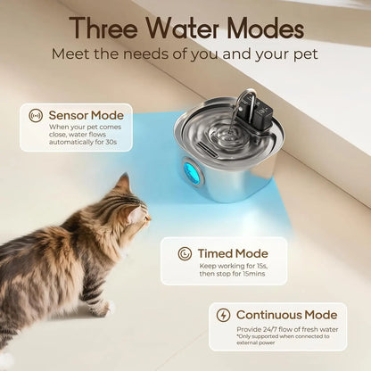 Wireless Cat Water Fountain, Stainless Steel 3.2L, Motion Sensor, Ultra Silent, 4200mAh Battery, Multi-Layer Filtration