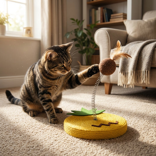 Sisal Spring Cat Toy with Scratching Base | Fruit Designs | 17.5 x 20 cm