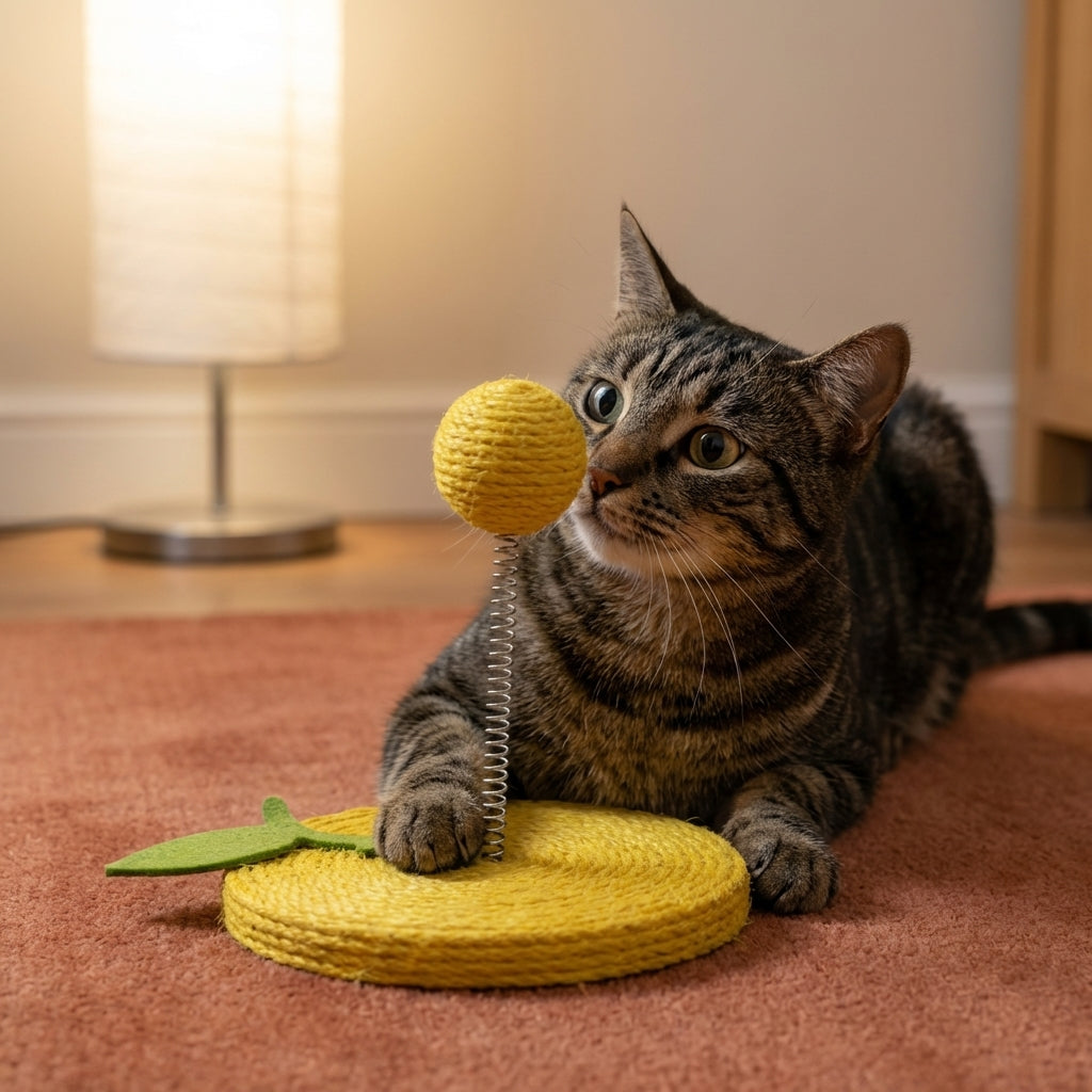 Sisal Spring Cat Toy with Scratching Base | Fruit Designs | 17.5 x 20 cm