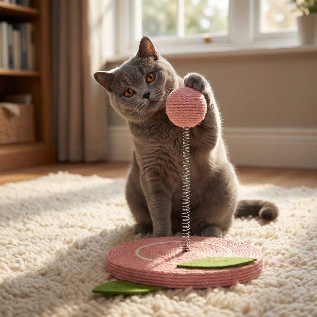 Sisal Spring Cat Toy with Scratching Base | Fruit Designs | 17.5 x 20 cm