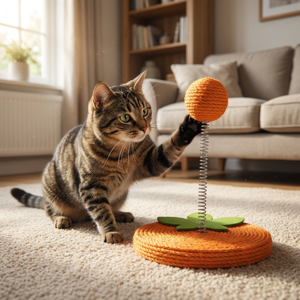 Sisal Spring Cat Toy with Scratching Base | Fruit Designs | 17.5 x 20 cm