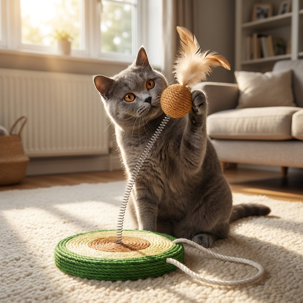 Sisal Spring Cat Toy with Scratching Base | Fruit Designs | 17.5 x 20 cm