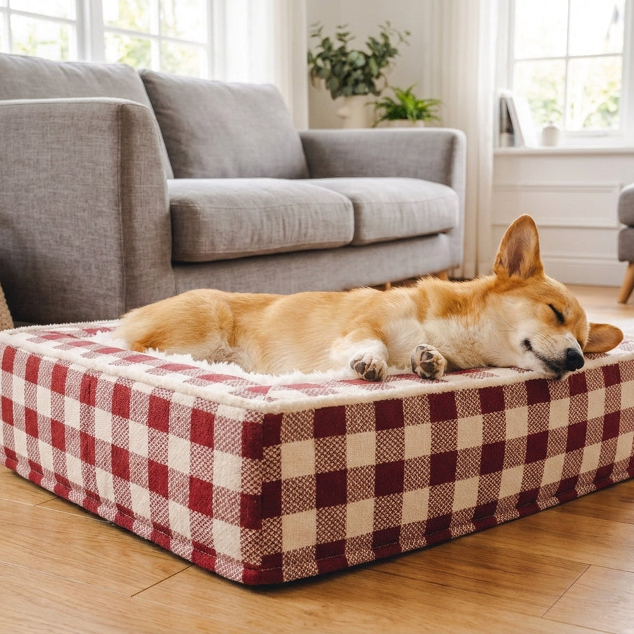 Tartan Check Dog Bed | Foam Core & Plush Interior | Machine-Washable Cover