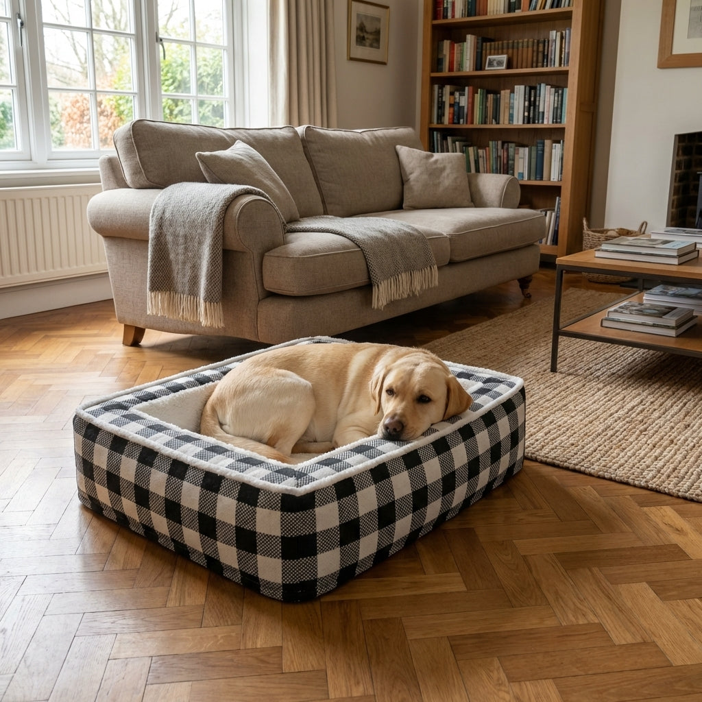Tartan Check Dog Bed | Foam Core & Plush Interior | Machine-Washable Cover