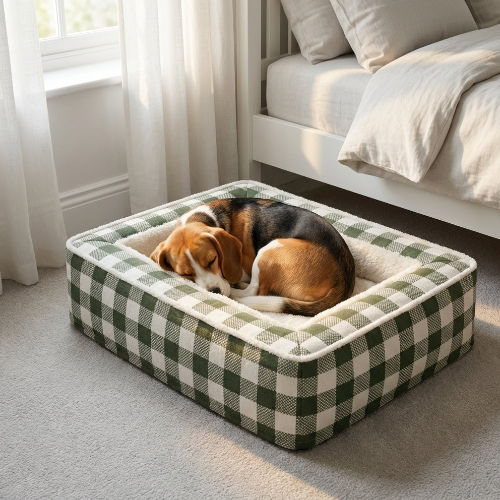 Tartan Check Dog Bed | Foam Core & Plush Interior | Machine-Washable Cover