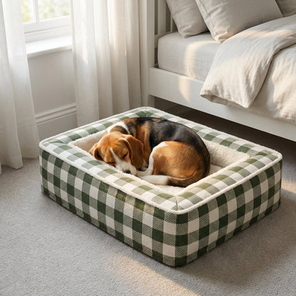 Tartan Check Dog Bed | Foam Core & Plush Interior | Machine-Washable Cover