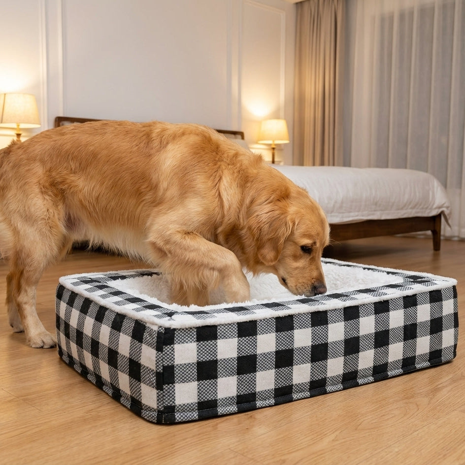Tartan Check Dog Bed | Foam Core & Plush Interior | Machine-Washable Cover