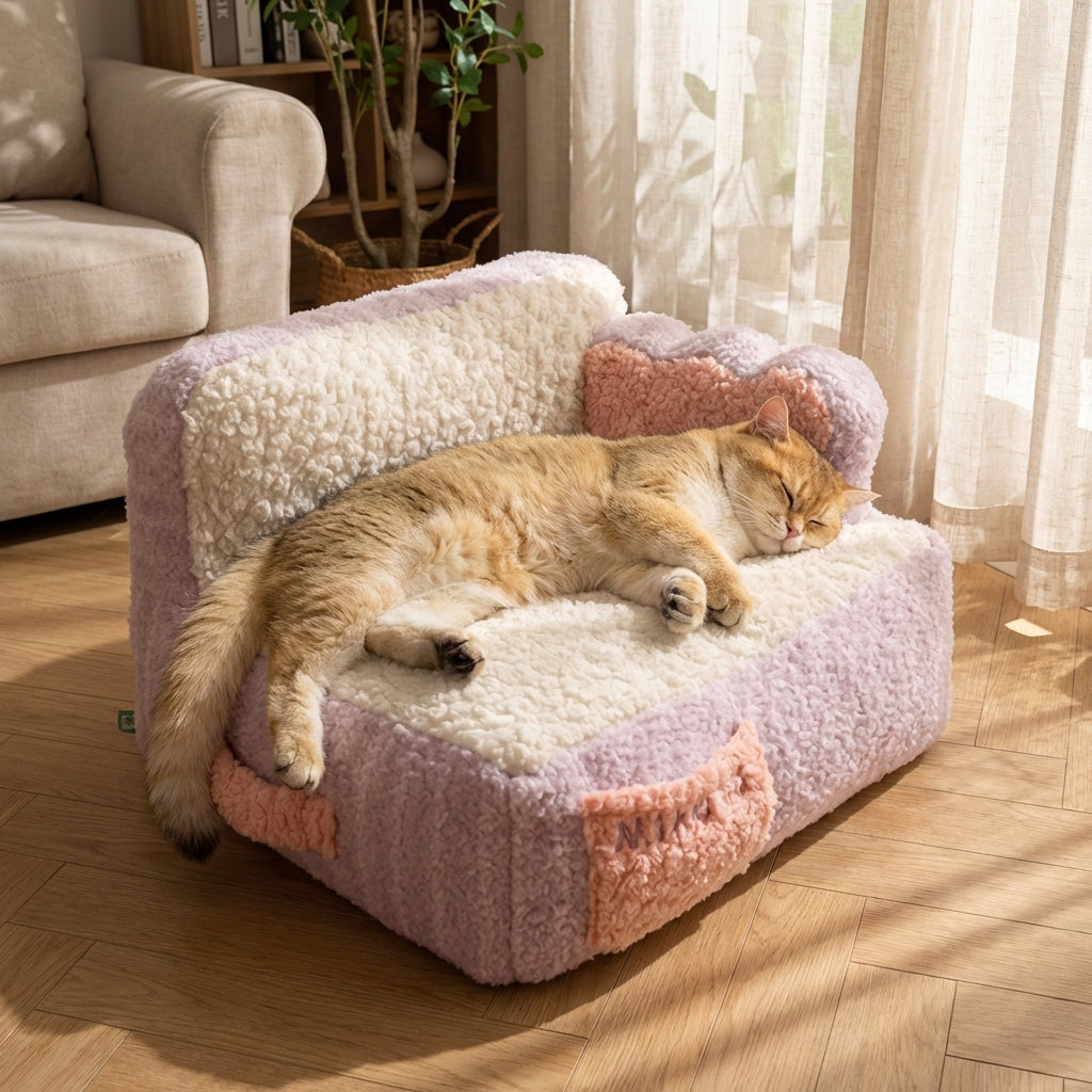Two-Tone Fabric & Cotton Cat Sofa Bed | Removable Cover | 53x45x37cm