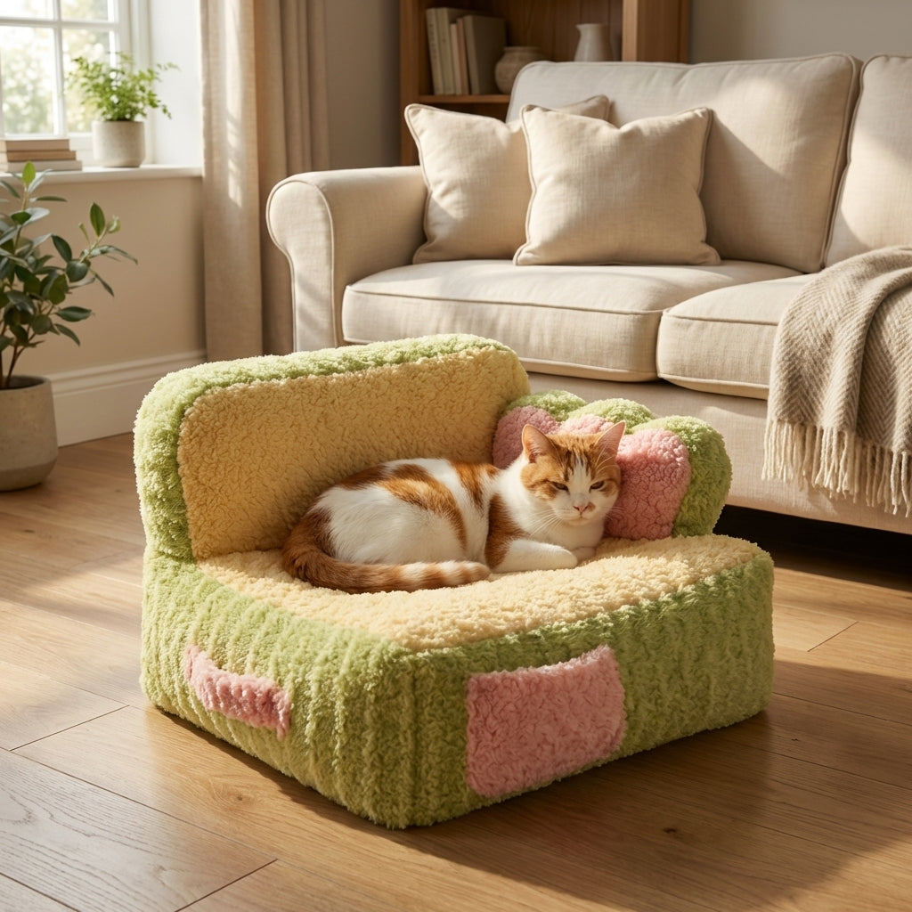 Two-Tone Fabric & Cotton Cat Sofa Bed | Removable Cover | 53x45x37cm