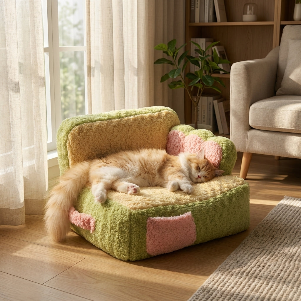 Two-Tone Fabric & Cotton Cat Sofa Bed | Removable Cover | 53x45x37cm