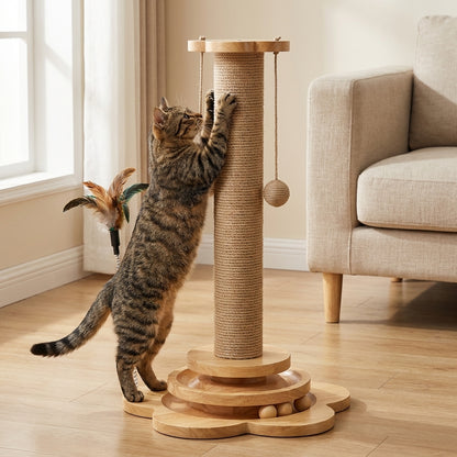 Wooden Cat Scratching Post with Hanging Balls & Interactive Track
