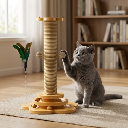 Wooden Cat Scratching Post with Hanging Balls & Interactive Track