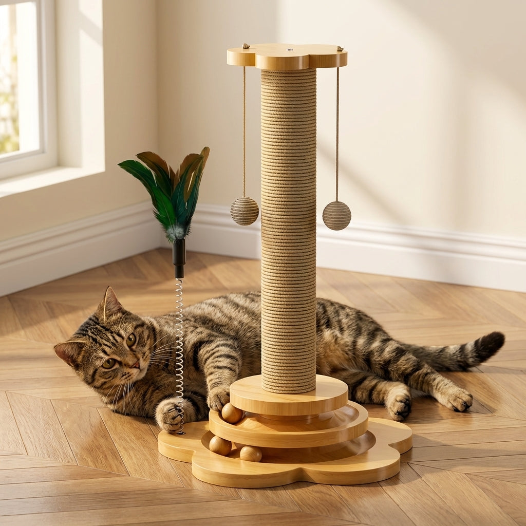 Wooden Cat Scratching Post with Hanging Balls & Interactive Track