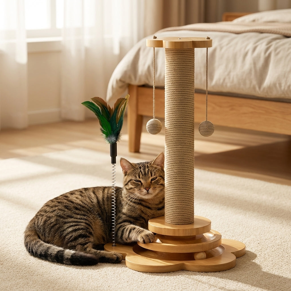 Wooden Cat Scratching Post with Hanging Balls & Interactive Track