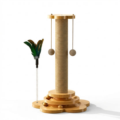 Wooden Cat Scratching Post with Hanging Balls & Interactive Track