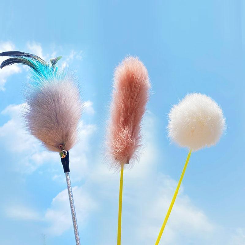 Fluffy Cat Teaser Wands | Pompom, Fur Strip and Feather, Set of 3 or 5