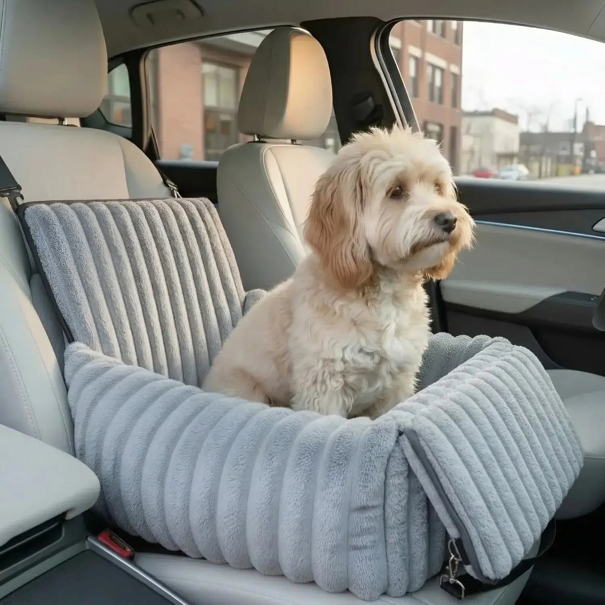 Dog Booster Seat for Car | Ribbed Plush, Built-In Safety Leash