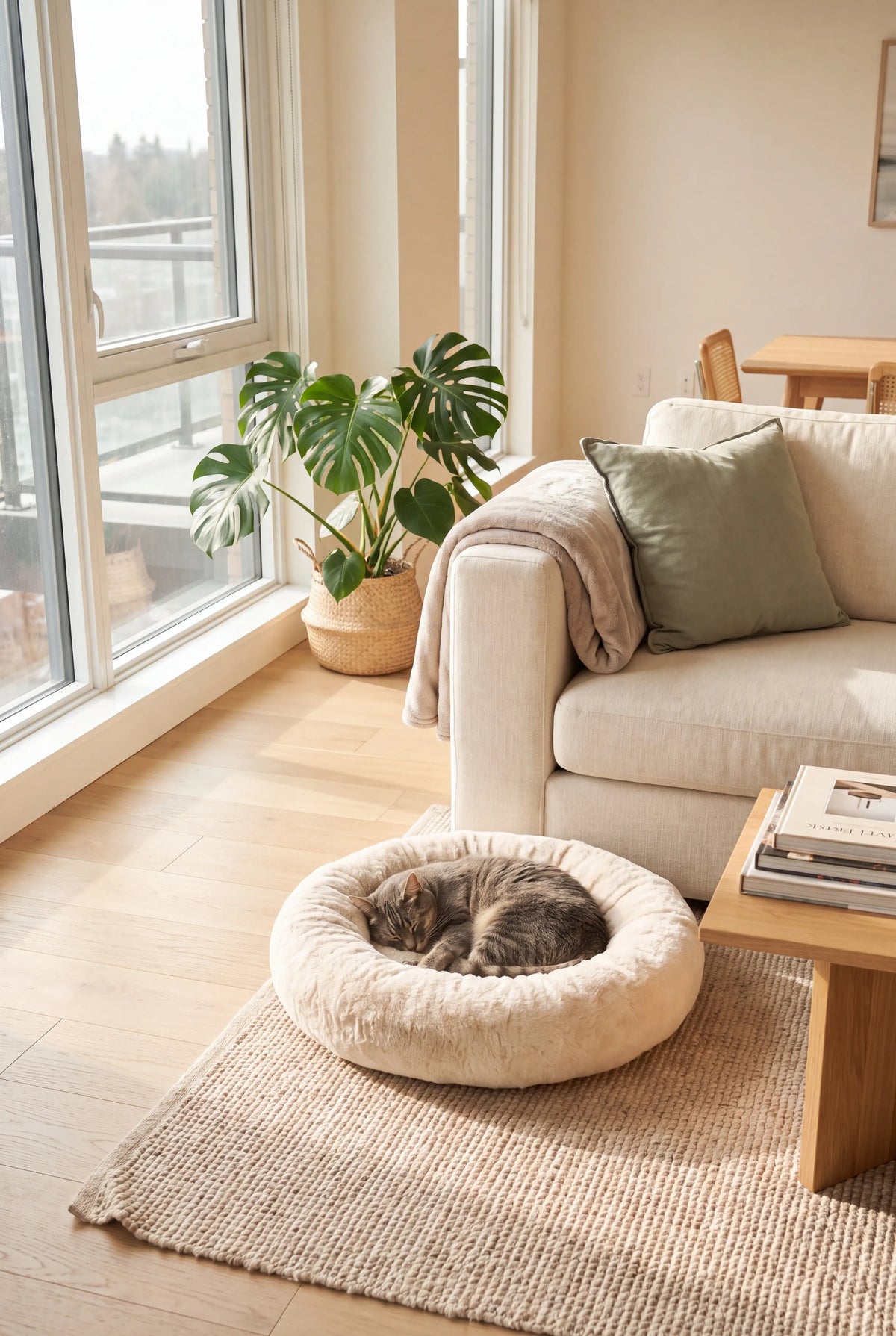 A cream pet bed matching the sofa and the rug in a bright living room, with a tabby cat asleep inside it