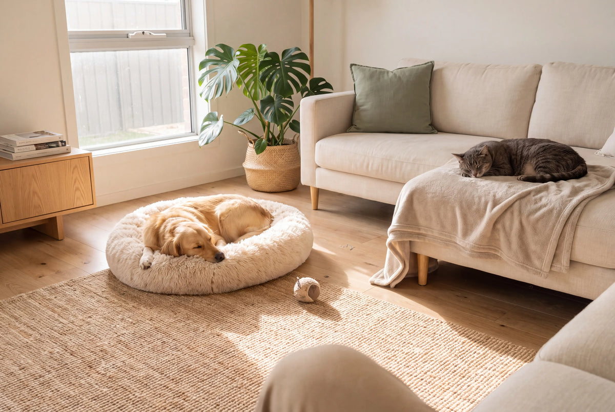 A golden retriever asleep in a cream round pet bed and a tabby cat curled on a blanket on the sofa, in a bright living room
