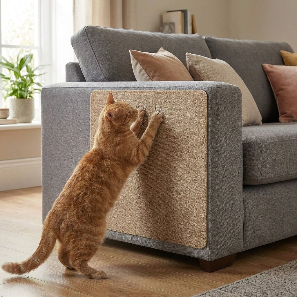 Cat Scratch Guard Beige on sofa with cat