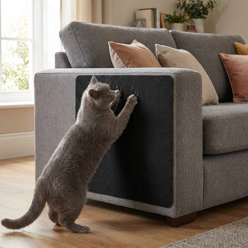 Cat Scratch Guard Black on sofa with cat