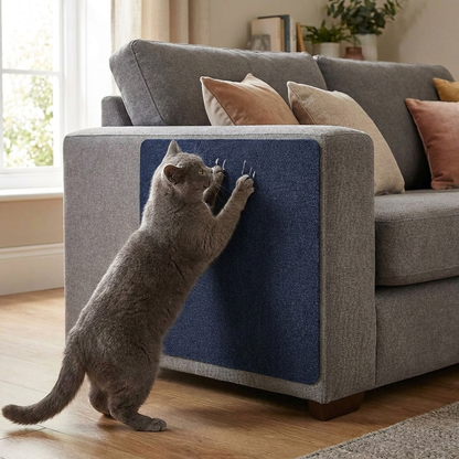 Cat Scratch Guard Dark Blue on sofa with cat