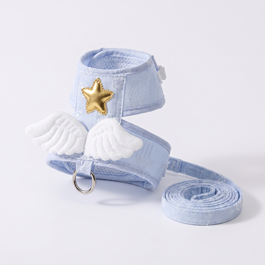 Cat Harness and Leash Set with Angel Wings | Gold Star, Mesh Lining