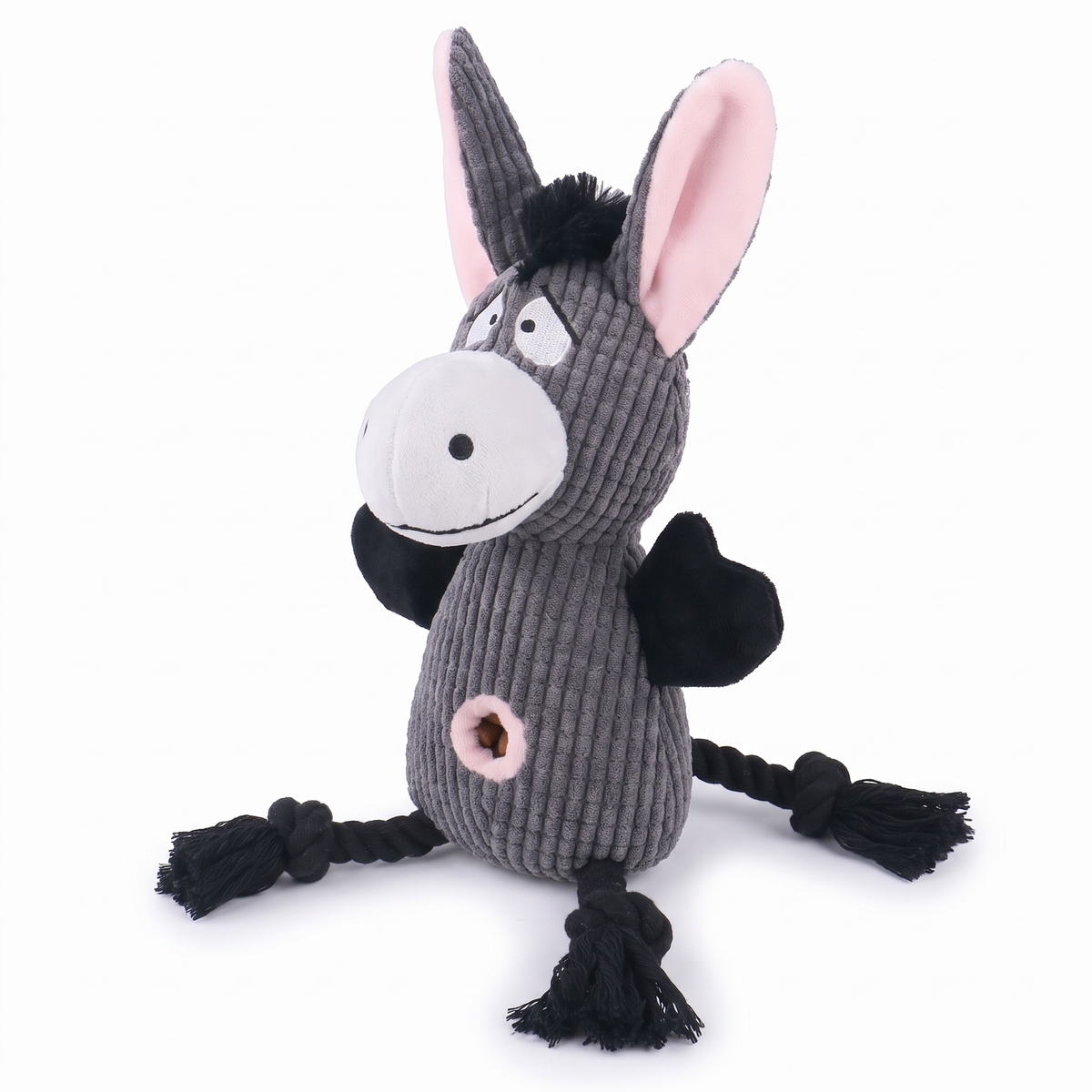 Squeaky Plush Dog Toy with Rope Legs | Crinkle Ears, Treat Pocket