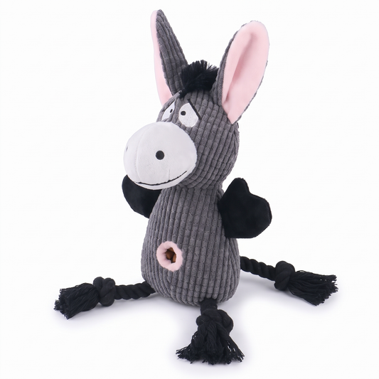 Squeaky Plush Dog Toy with Rope Legs | Crinkle Ears, Treat Pocket