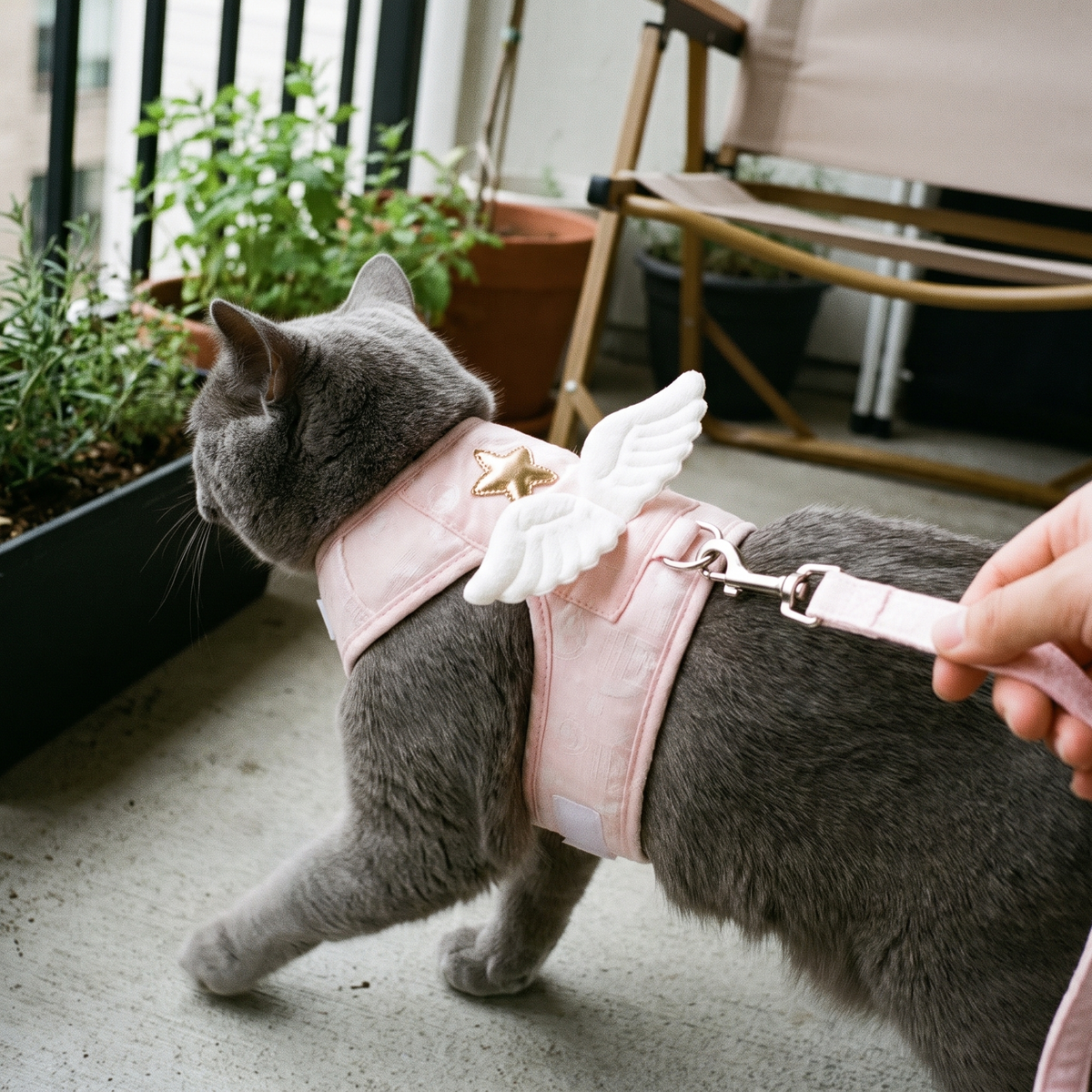 Cat Harness and Leash Set with Angel Wings | Gold Star, Mesh Lining